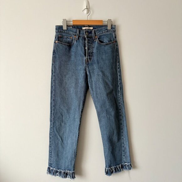Levi's Wedge Straight Raw Ruffle Hem Denim Jeans Blue Wash Size 27 - Picture 2 of 6